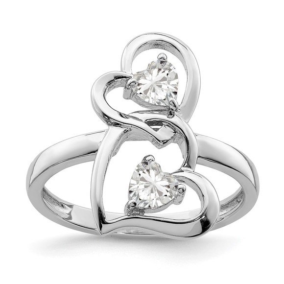 925 Sterling Silver Rhodium-plated CZ Double Heart Ring - Picture 1 of 6